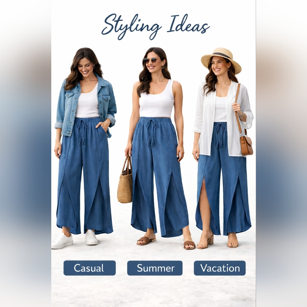 BloomChic Blue Wrap Split Wide-Leg Pants | Elastic Waist | Size 10 - Picture 3 of 9